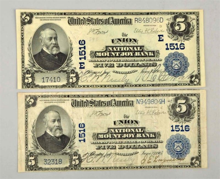LOT OF 2: $5 1902 MT. JOY PA NOTES.               