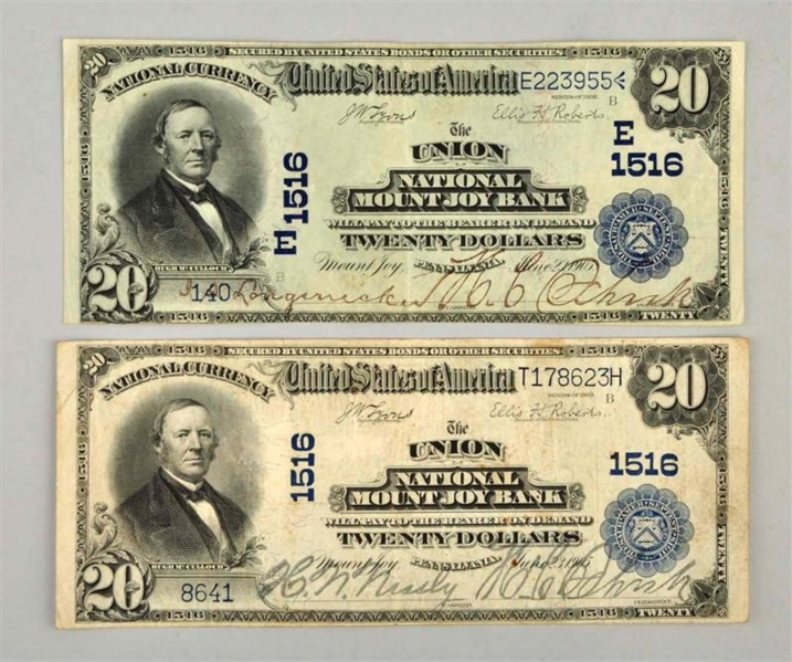 LOT OF 2: $20 1902 MT. JOY PA NOTES.              