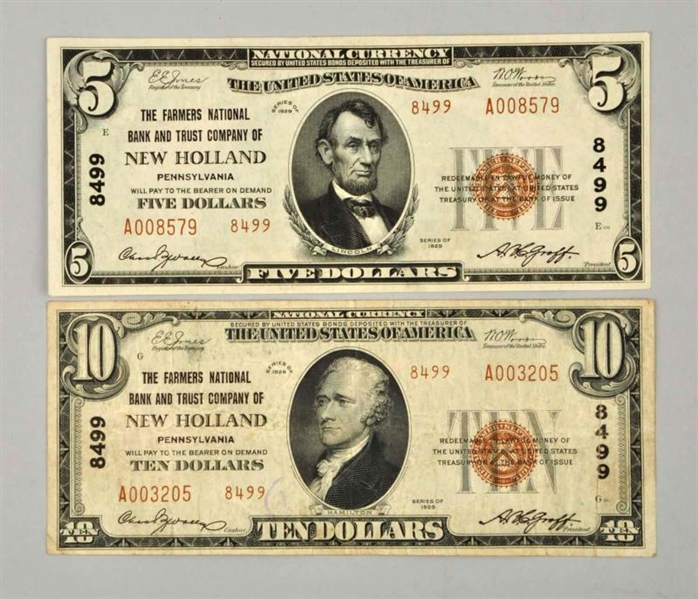 LOT OF 2: 1929 SMALL SIZE NOTES NEW HOLLAND PA.   