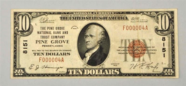 1929 $10 PINE GROVE PA NOTE.                      