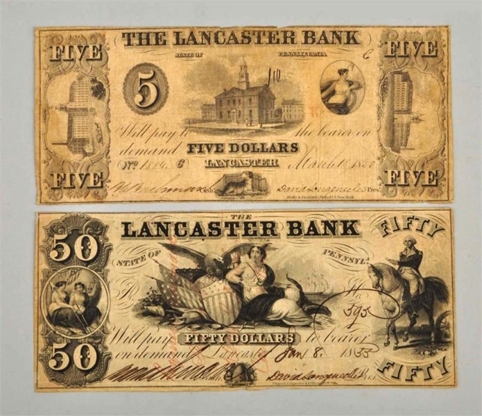 LOT OF 2: LANCASTER BANK NOTES OBSOLETE.          