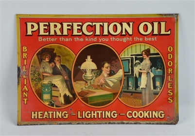 PERFECTION OIL TIN OVER CARDBOARD SIGN.           
