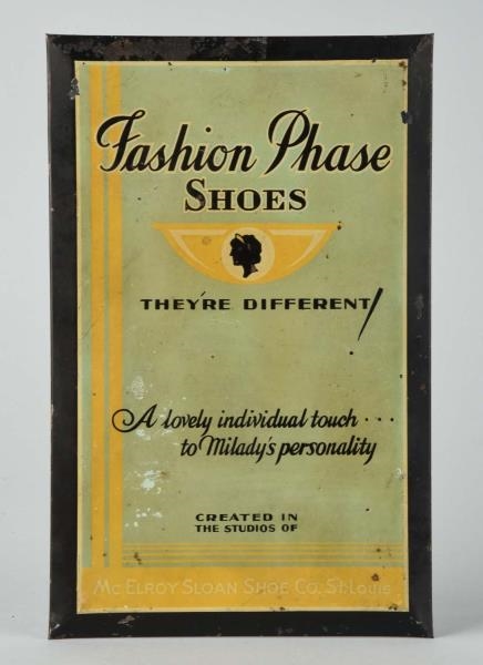 FASHION PHASE SHOES TIN OVER CARDBOARD SIGN.      