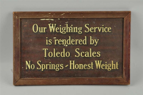 TOLEDO SCALES TIN OVER CARDBOARD ADVERTISING SIGN.