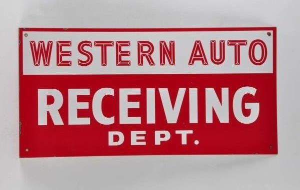 WESTERN AUTO RECEIVING DEPT. PORCELAIN SIGN.      