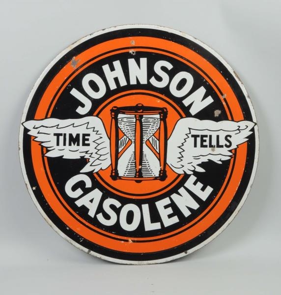 JOHNSON GASOLENE "TIME TELLS" LOGO SIGN.          