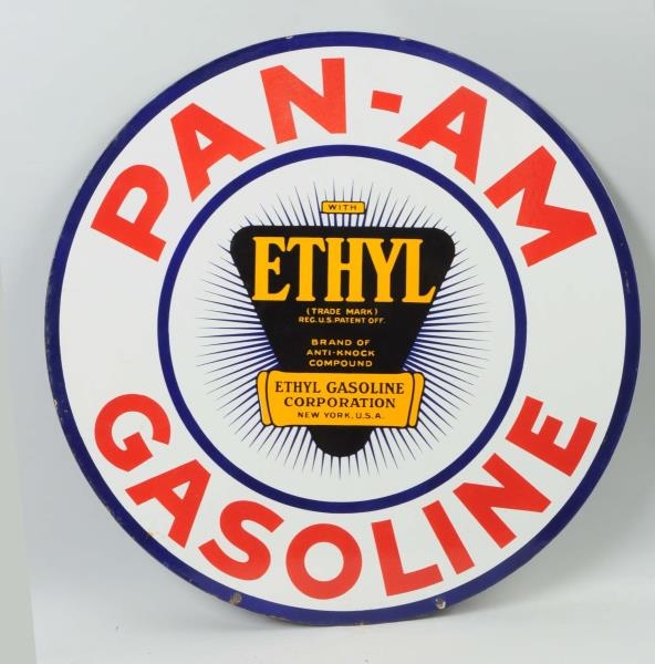 PAN-AM GASOLINE WITH ETHYL LOGO SIGN.             