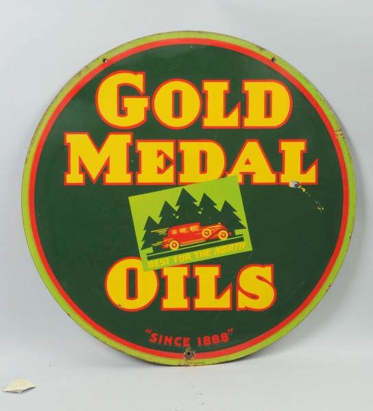 GOLD MEDAL OILS WITH CAR LOGO SIGN.               