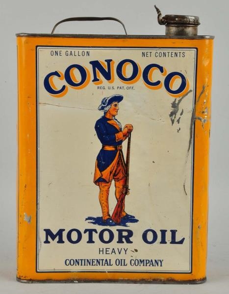CONOCO MOTOR OIL CAN WITH MINUTEMAN LOGO.         