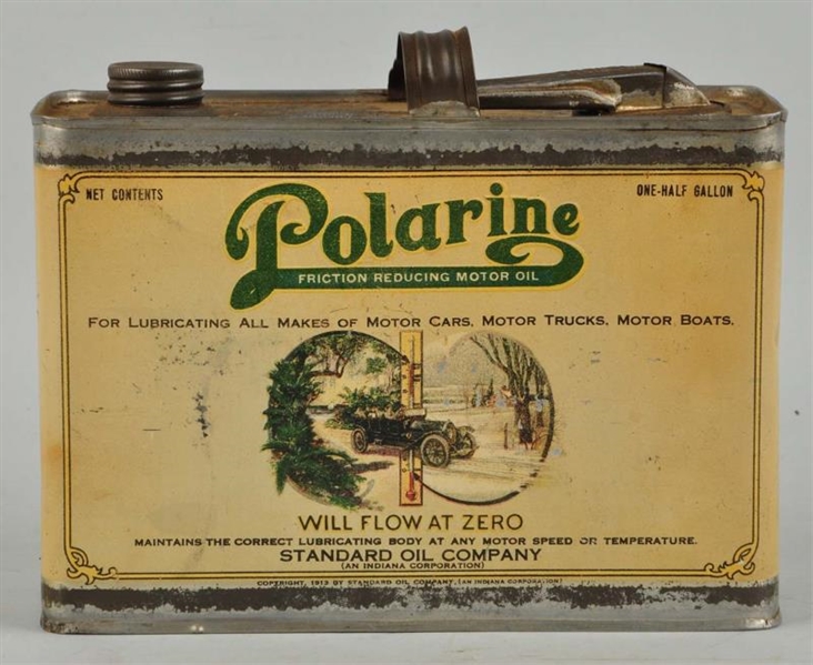POLARINE MOTOR OIL CAN WITH CAR GRAPHICS.         