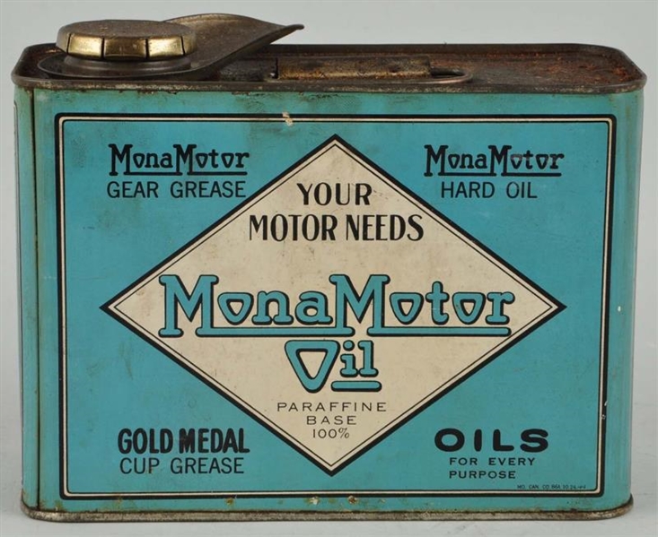 MONA MOTOR OIL HALF GALLON FLAT METAL CAN.        