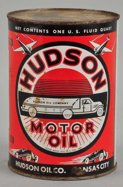 HUDSON MOTOR OIL ONE QUART ROUND METAL CAN.       