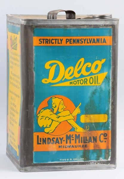 DELCO MOTOR OIL WITH LOGO FIVE GALLON SQUARE CAN. 