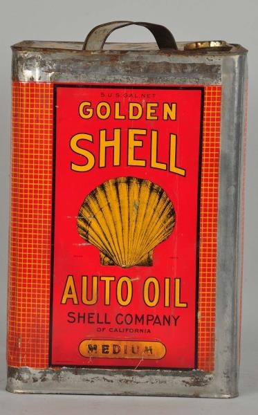 GOLDEN SHELL AUTO OIL FIVE GALLON SQUARE CAN.     