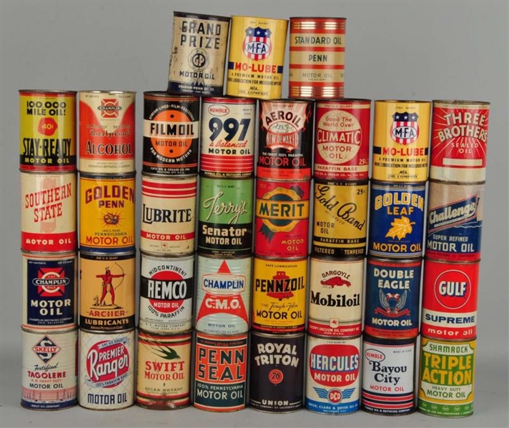 LOT OF 35: ONE QUART MOTOR OIL METAL CANS.        