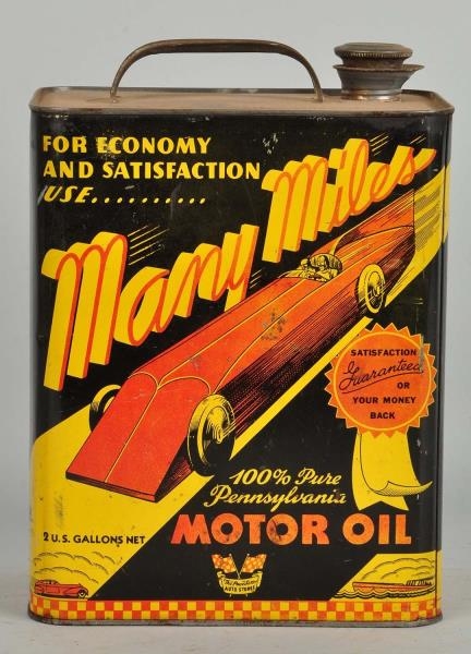 MANY MILES MOTOR OIL RECTANGLE CAN WITH GRAPHICS. 