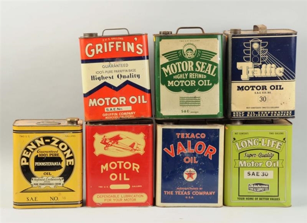 LOT OF 7: TWO GALLON MOTOR OIL RECTANGLE CANS.    