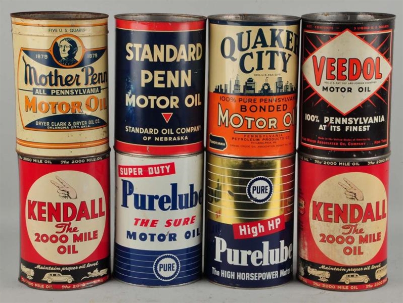 LOT OF 8: FIVE QUART ROUND MOTOR OIL CANS.        