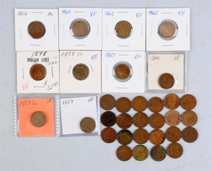 LOT OF 32: FLYING EAGLE AND INDIAN HEAD CENTS.    