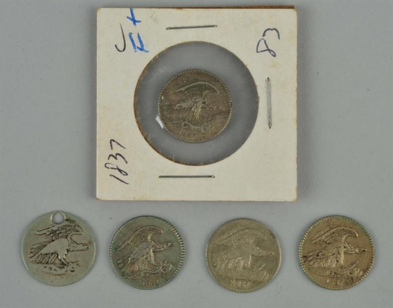LOT OF 5: 1837 FEUCHTWANGER ONE CENT COIN.        