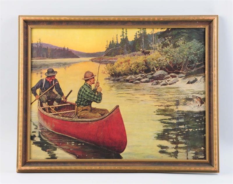 FRAMED PRINT OF TWO MEN FISHING ON A LAKE.        