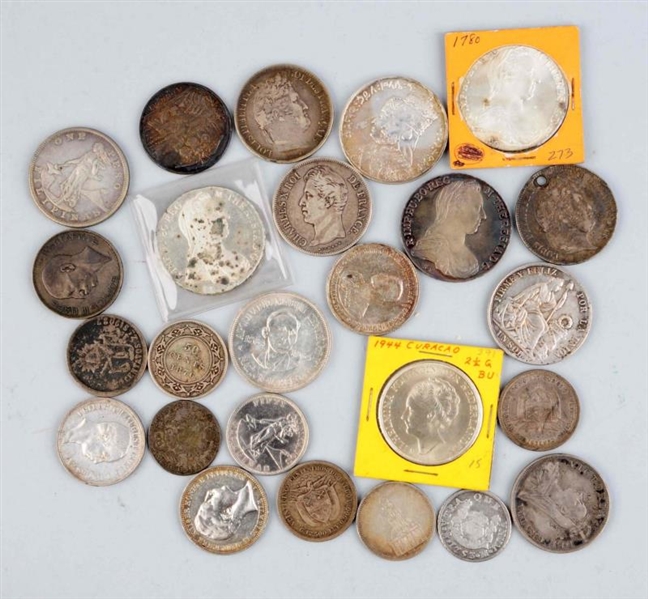 LOT OF 25: MIXED FOREIGN SILVER COINS.            