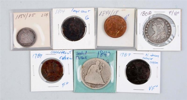 LOT OF 7: 1787-1844 COINS.                        
