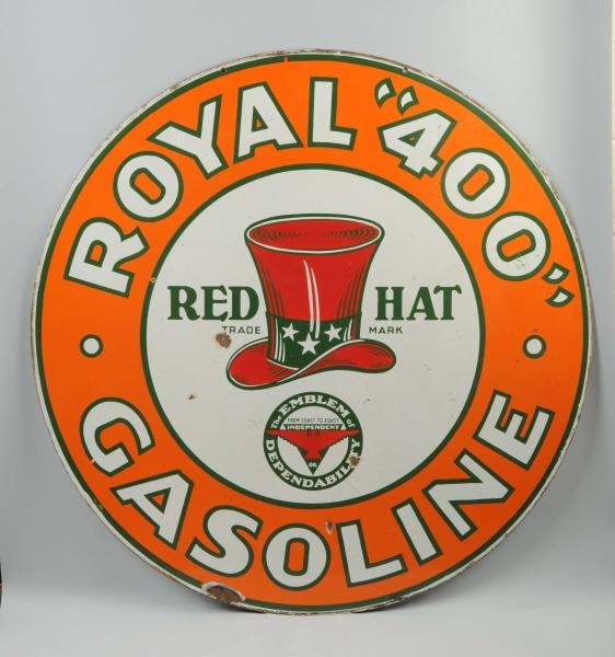ROYAL "400" GASOLINE WITH RED HAT LOGO SIGN.      