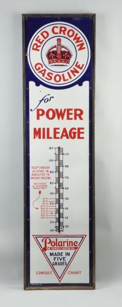 RED CROWN "POWER MILEAGE" PORCELAIN THERMOMETER.  