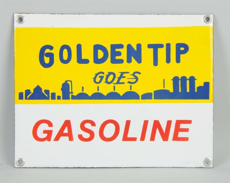 GOLDEN TIP GASOLINE WITH NEAT GRAPHICS SIGN.      