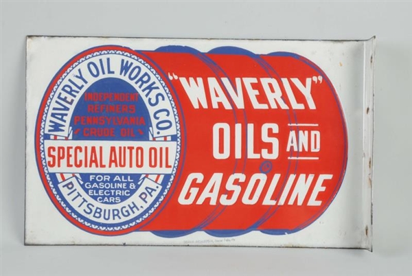 WAVERLY OILS AND GASOLINE WITH BARREL LOGO SIGN.  