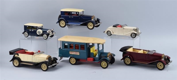 LOT OF 6: JAPANESE TIN LITHO OLD TIMER CARS.      
