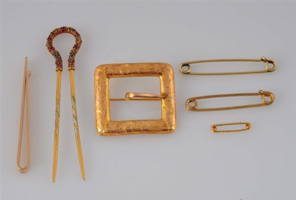 LOT OF 6: YELLOW GOLD PINS AND CLIPS.             