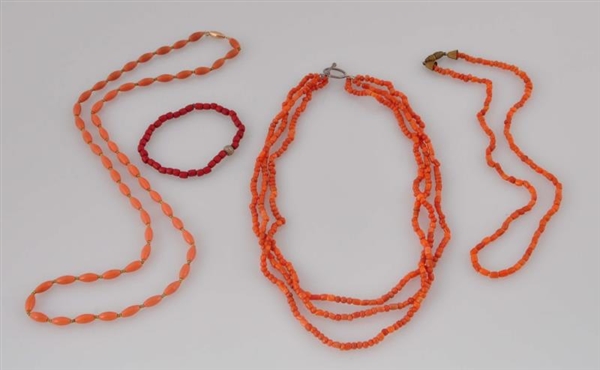 LOT OF 4: CORAL BEADED ITEMS.                     