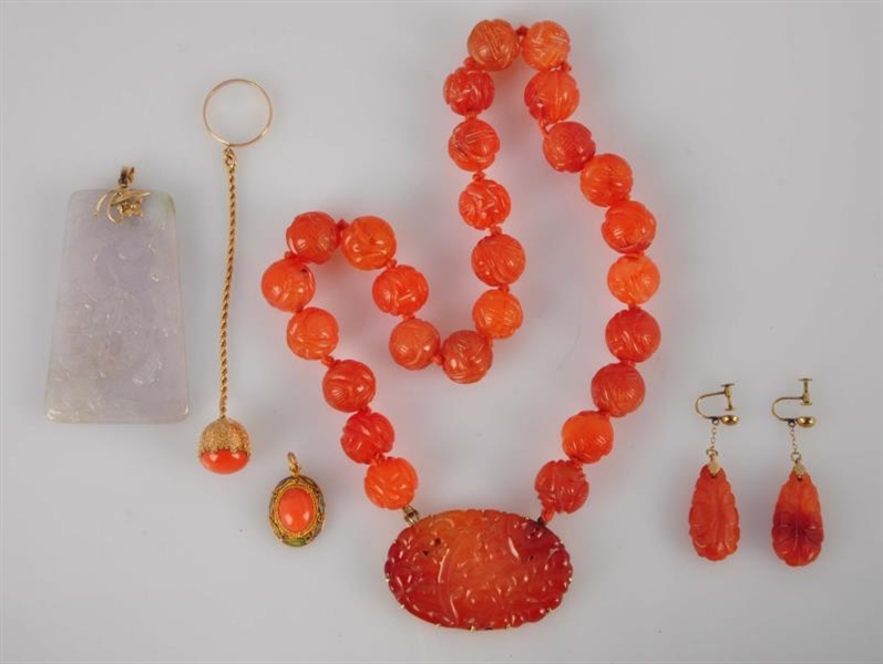 LOT OF 5: CORAL AND JADE JEWELRY.                 