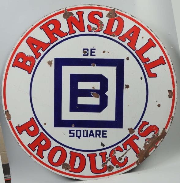 ROUND BARNSDALE PRODUCT PORCELAIN SIGN.           