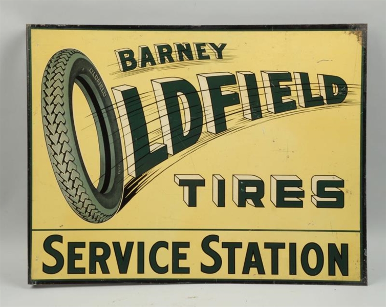 BARNEY OLDFIELD TIRES WITH TIRE GRAPHICS SIGN.    