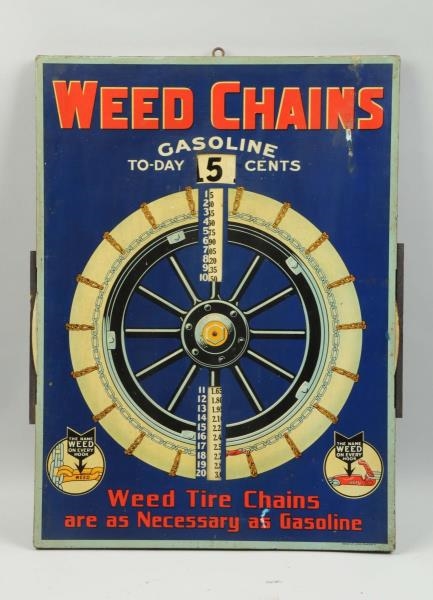 WEED CHAINS WITH CHAINED WHITE TIRE GRAPHICS SIGN.