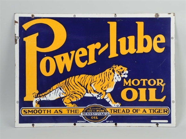 POWER-LUBE MOTOR OIL WITH TIGER LOGO SIGN.        