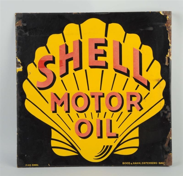 SHELL MOTOR OIL PORCELAIN FLANGE SIGN.            