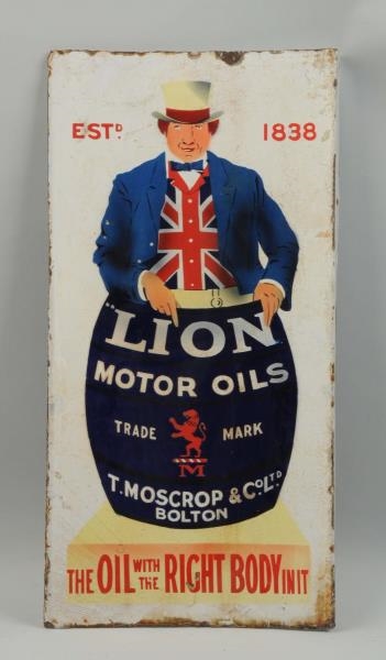 LION MOTOR OILS WITH MAN STANDING IN BARREL SIGN. 
