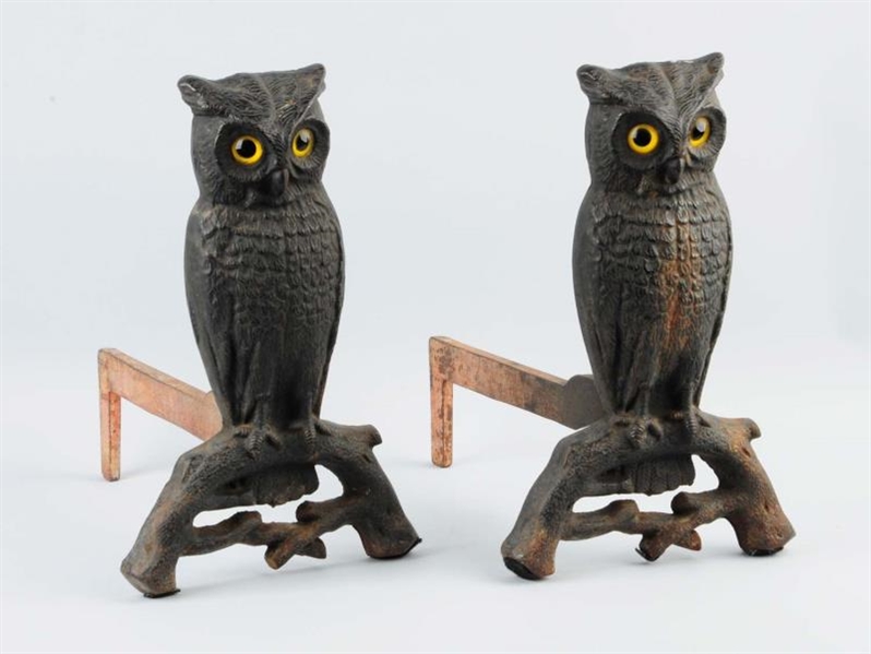 LOT OF 2: CAST IRON OWL ON BRANCH ANDIRON.        