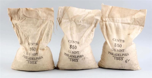 LOT OF 3: $50 SEWN BAGS OF CENT COINS.            