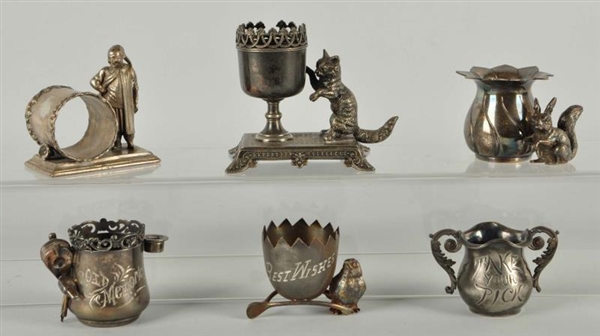 LOT OF 6: FIGURAL TOOTHPICK HOLDERS & NAPKIN RING.