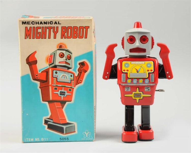 JAPANESE TIN LITHO WIND UP MIGHTY ROBOT WITH BOX. 