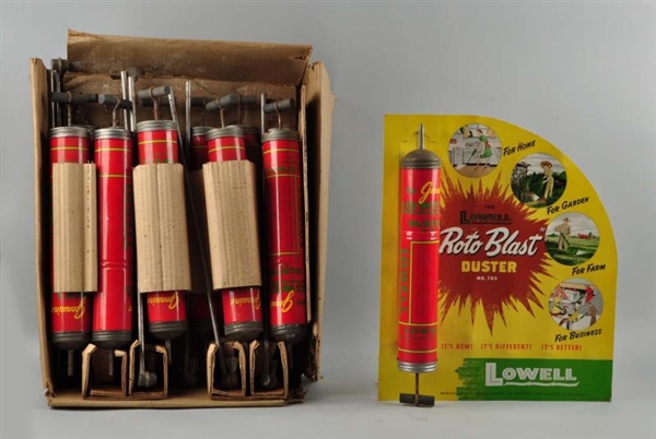 SET OF 12: LOWELL "ROTO BLAST" DUSTERS WITH SIGN. 