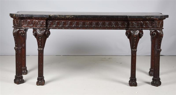 19TH CENTURY CARVED MAHOGANY MARBLE TOP CONSOLE.  