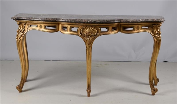 19TH CENTURY FRENCH GILT MARBLE TOP CONSOLE.      