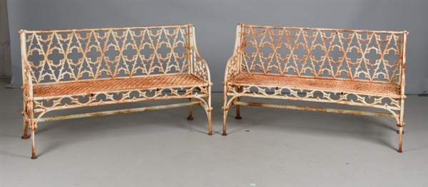 PAIR OF GOTHIC REVIVAL CAST IRON GARDEN BENCHES.  