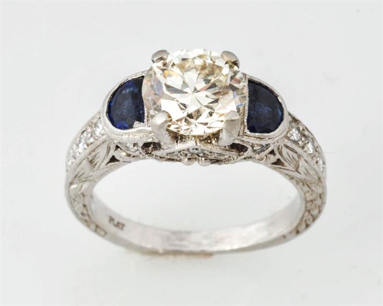 Lot Detail - DIAMOND SOLITAIRE WITH SAPPHIRES.